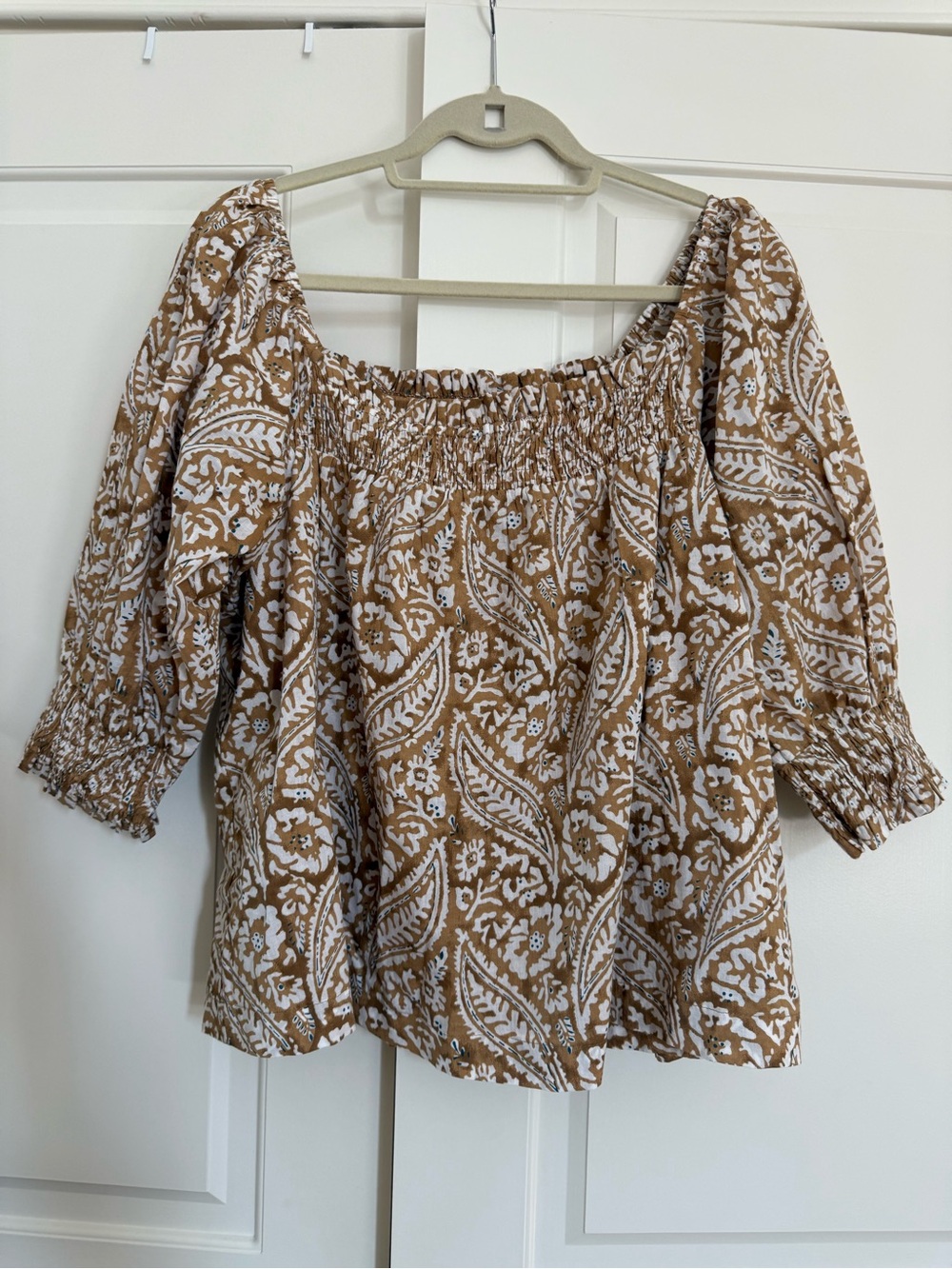 Marea Tan and White Cotton Blockprint Blouse